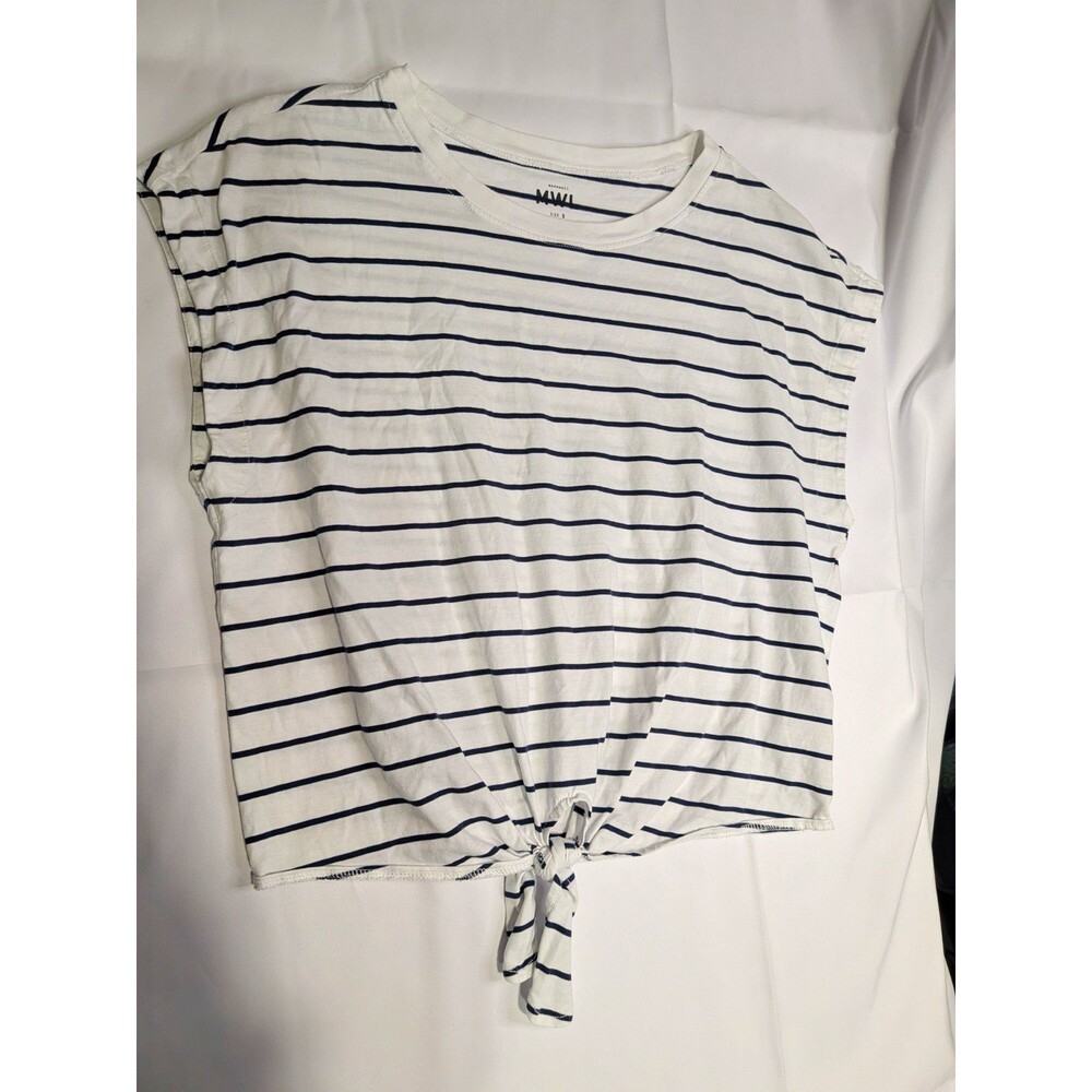 Madewell MWL Women’s S White/Blue Striped Tie Front Cropped Knit T-Shirt